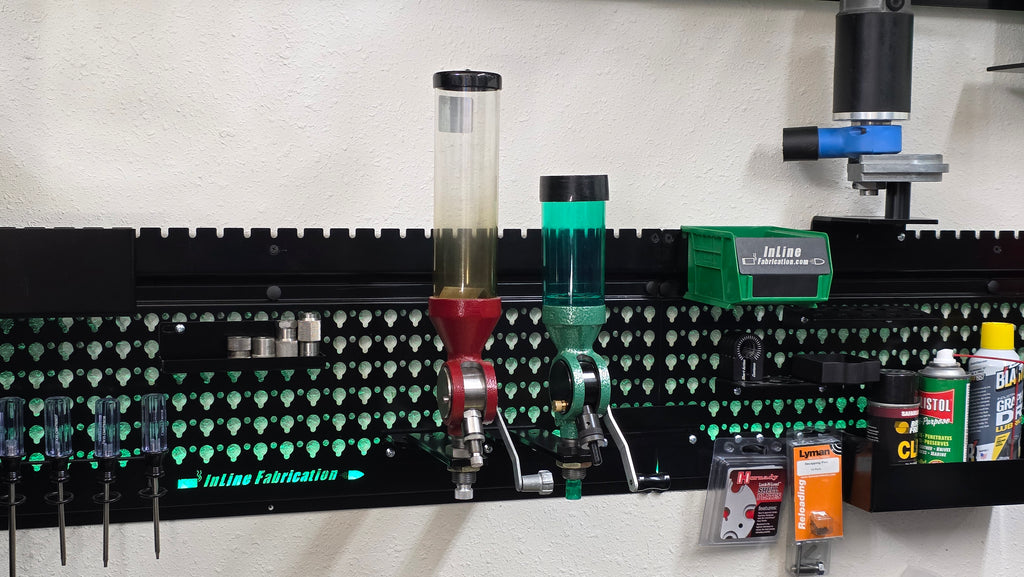 Extra powder measure leg storage docks