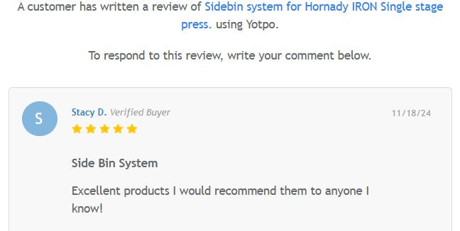 Sidebin system for Hornady IRON Single stage press.