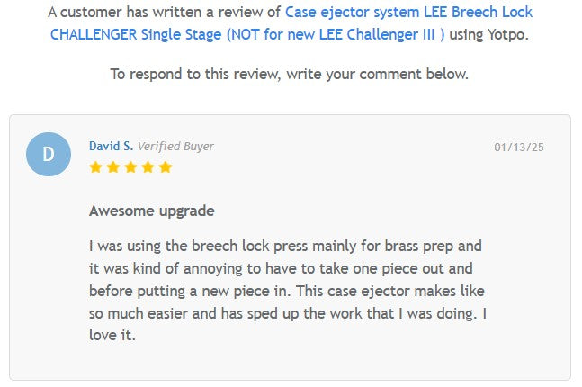 Case ejector system LEE Breech Lock CHALLENGER Single Stage (NOT for new LEE Challenger III )