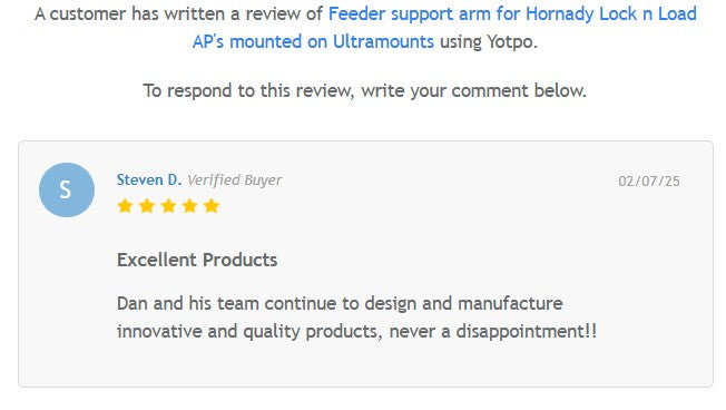 Feeder support arm for Hornady Lock n Load AP's mounted on Ultramounts