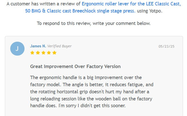 Ergonomic roller lever for the LEE Classic Cast, 50 BMG & Classic cast Breechlock single stage press.