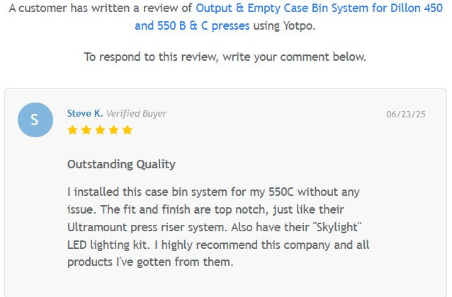 Output & Empty Case Bin System for Dillon RL 450 and RL 550 B & C presses (RL450, RL550)