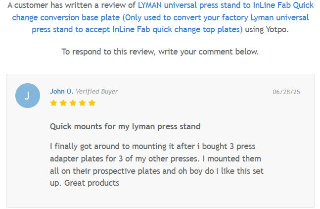 LYMAN universal press stand to InLine Fab Quick change conversion base plate (Only used to convert your factory Lyman universal press stand to accept InLine Fab quick change top plates)
