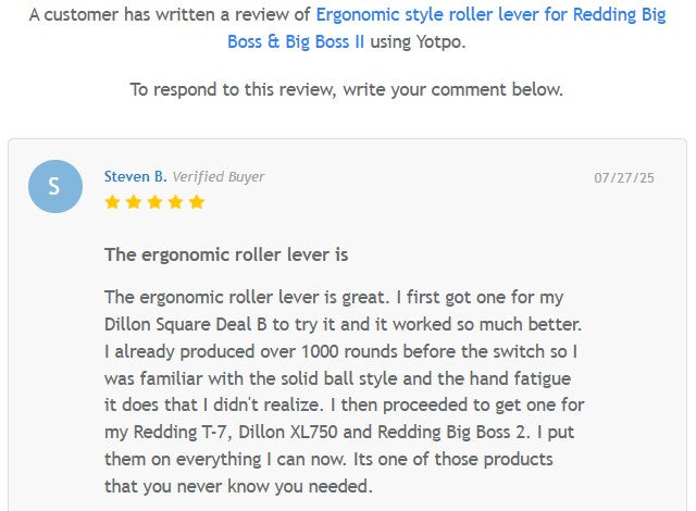 Ergonomic style roller lever for Redding Big Boss & Big Boss II