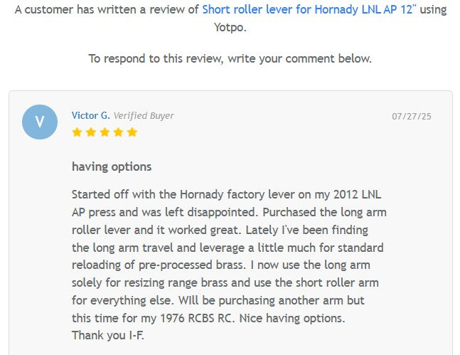 Short roller lever for Hornady LNL AP 12"