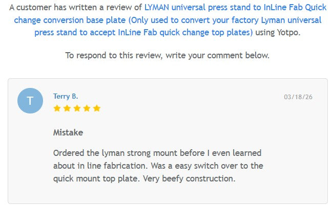 LYMAN universal press stand to InLine Fab Quick change conversion base plate (Only used to convert your factory Lyman universal press stand to accept InLine Fab quick change top plates)