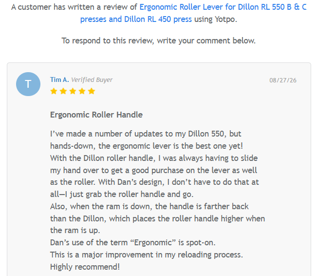 Ergonomic Roller Lever for Dillon RL 550 B & C presses and Dillon RL 450 press